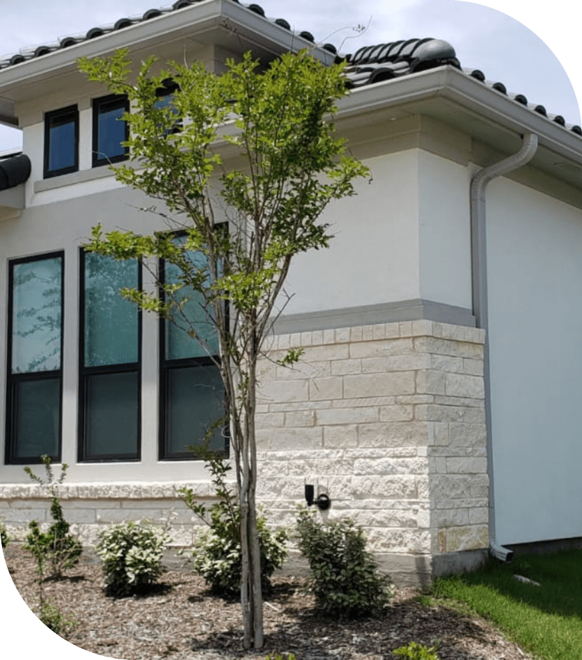 A tree in front of a house with white brick.