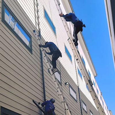 Three men on ladders working on a building.