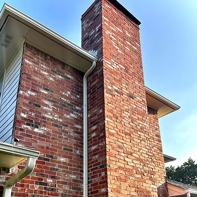A brick building with two chimneys and a gutter.
